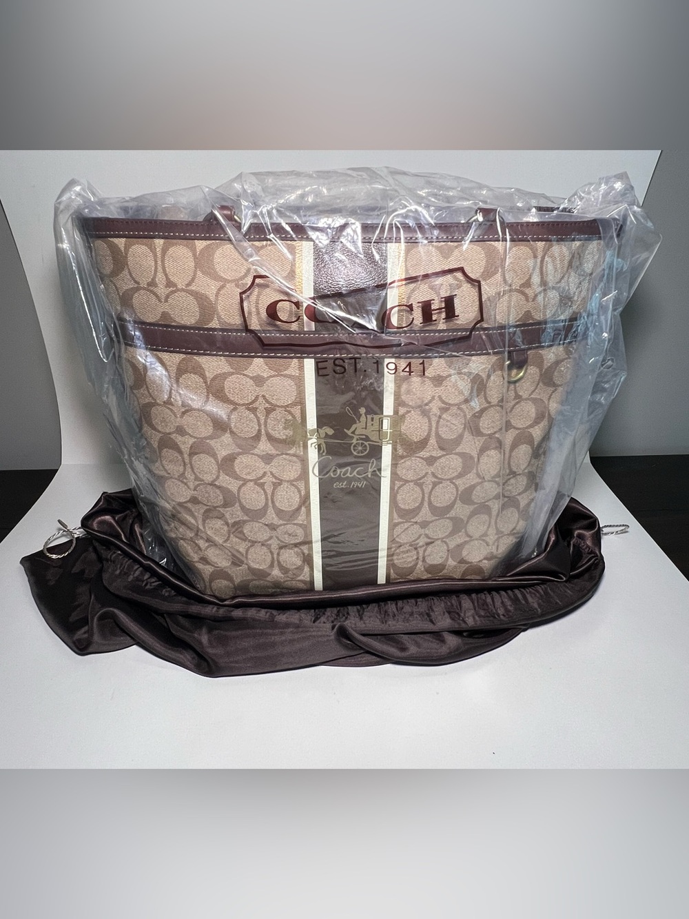 Coach Signature Stripe Large Tote Bag Brown Leather Heritage Stripe Coach Tote